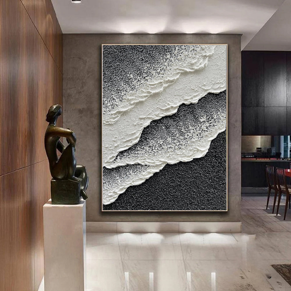 3D Texture Sea Wave Scenery Abstract Landscape Design Oil Painting Internet Celebrity Style Black And White Waves Wall Art Picture Hand-Painted Canvas Hot Selling For Living Room Decor