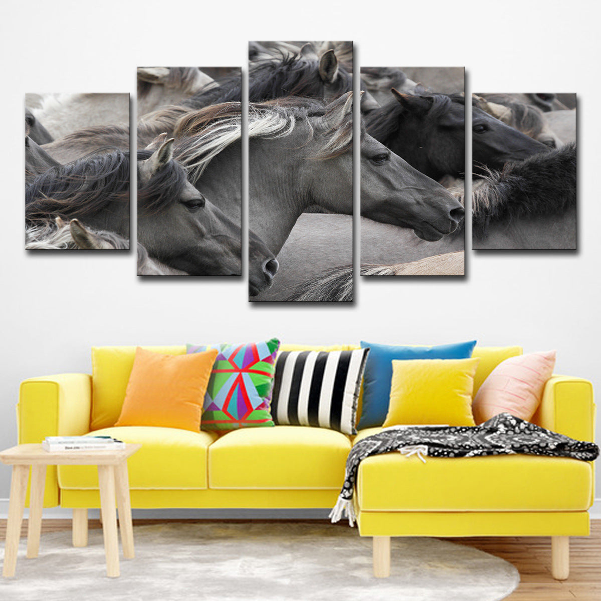 5-piece Grey And Black Horse Group Wall Art For Living Room And Bedroom Home Decor