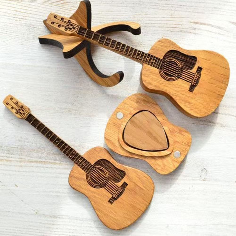 Wooden Personalized Guitar Ornament With Stand, Guitar Pick Box Gift, Wooden Craft Gift