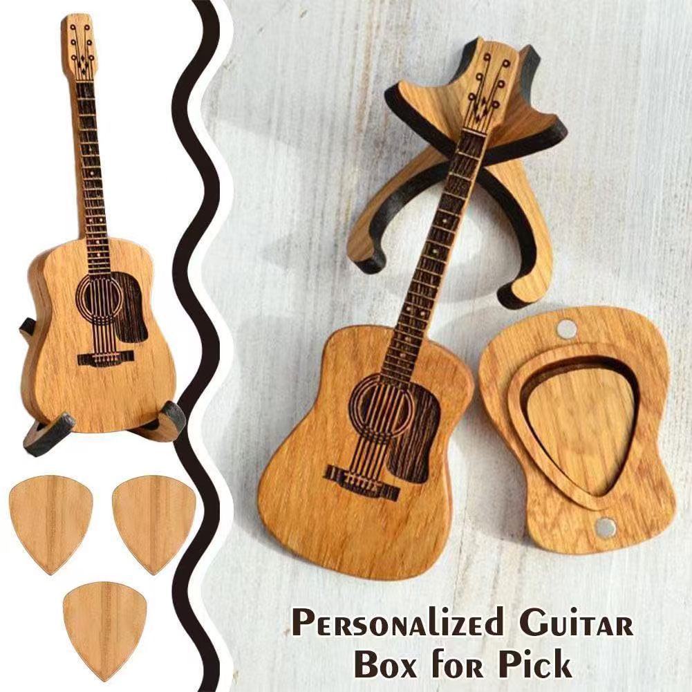 Wooden Personalized Guitar Ornament With Stand, Guitar Pick Box Gift, Wooden Craft Gift